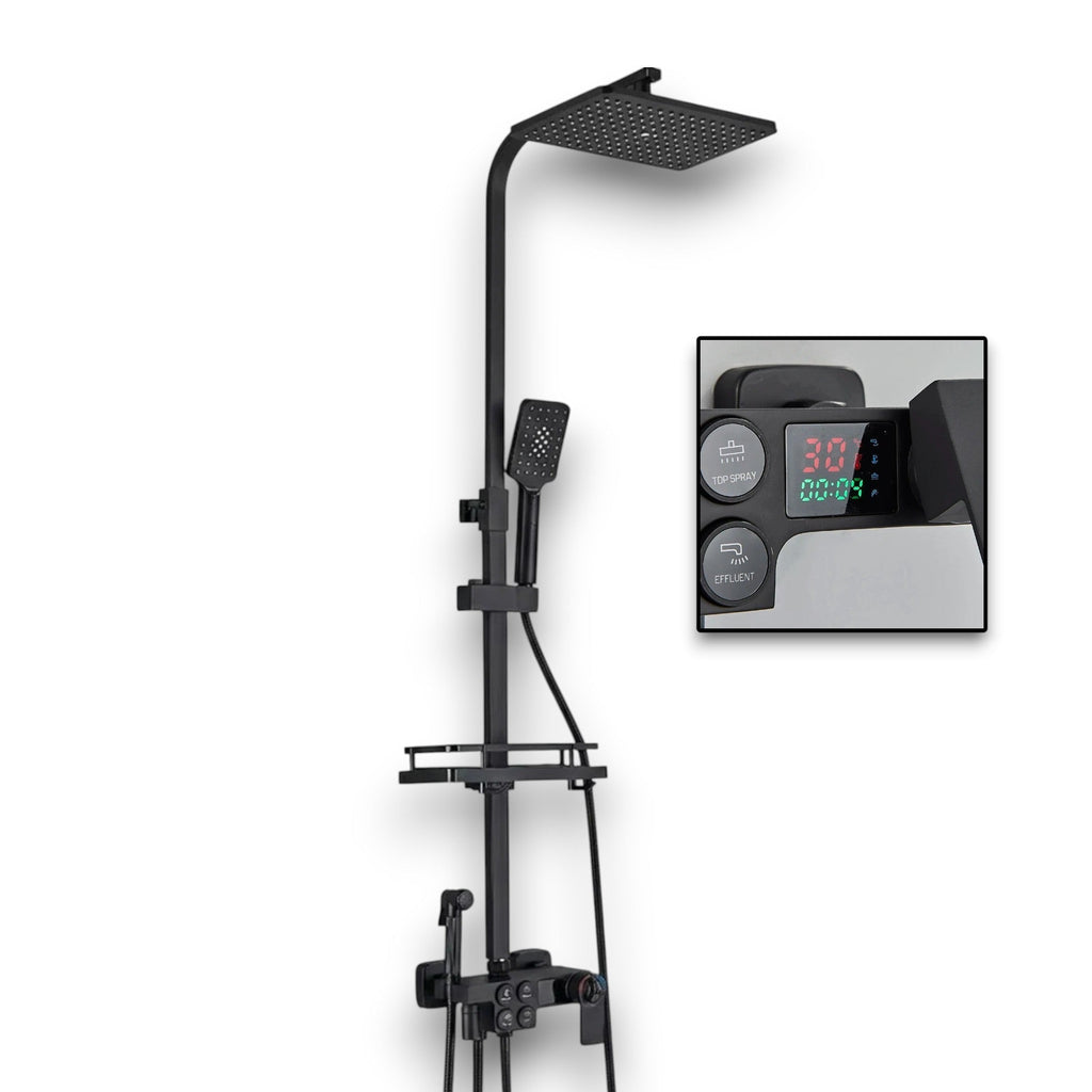 Matt black thermostatic shower column with LCD display