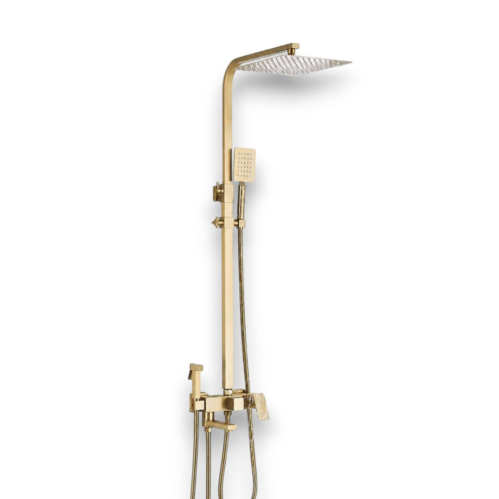 Brushed gold shower column with rain head and bath mixer