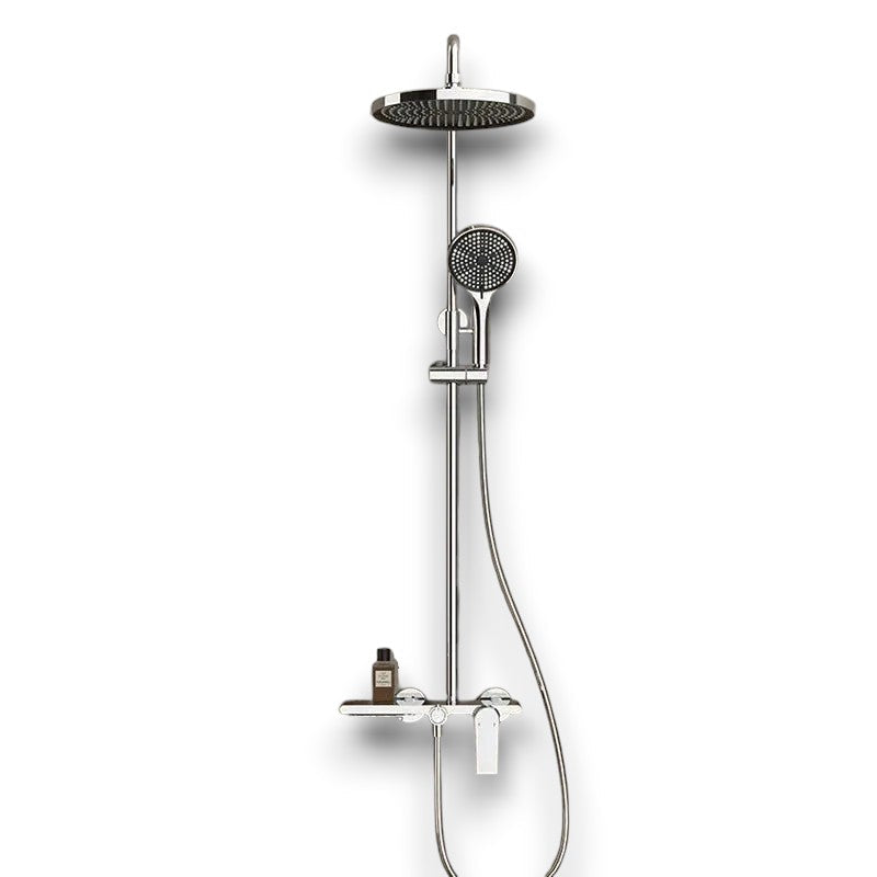 Polished chrome thermostatic shower column with shelf - spray pattern in use