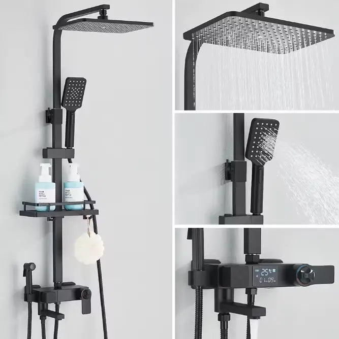 Matt black thermostatic shower column with digital display - mixer and controls close-up