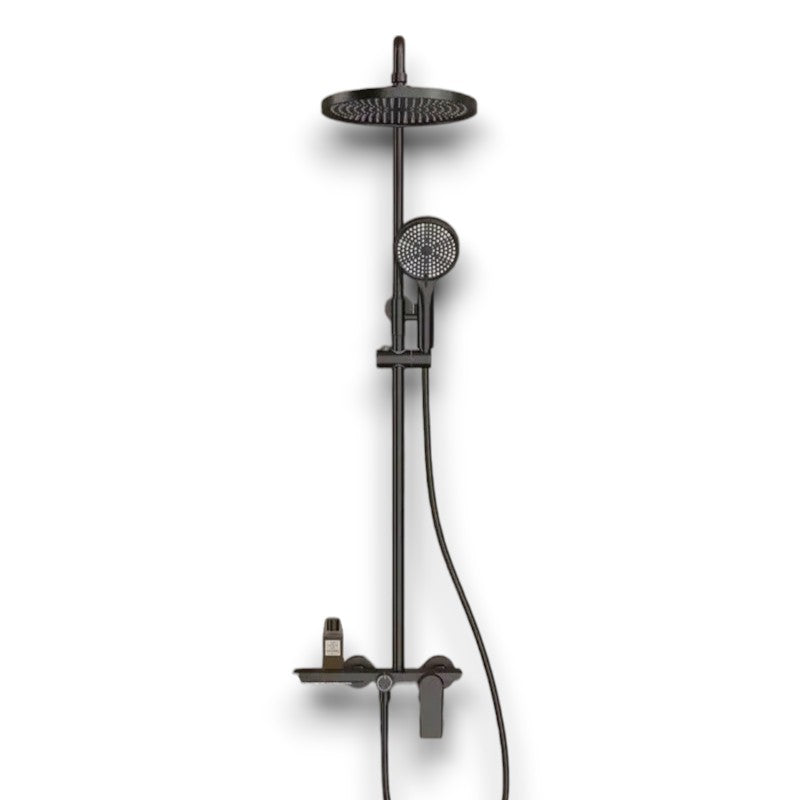 Matt black thermostatic shower column with shelf - full-length product view