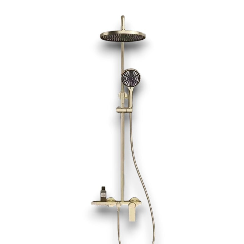 Brushed gold thermostatic shower column with shelf - wall mounting detail