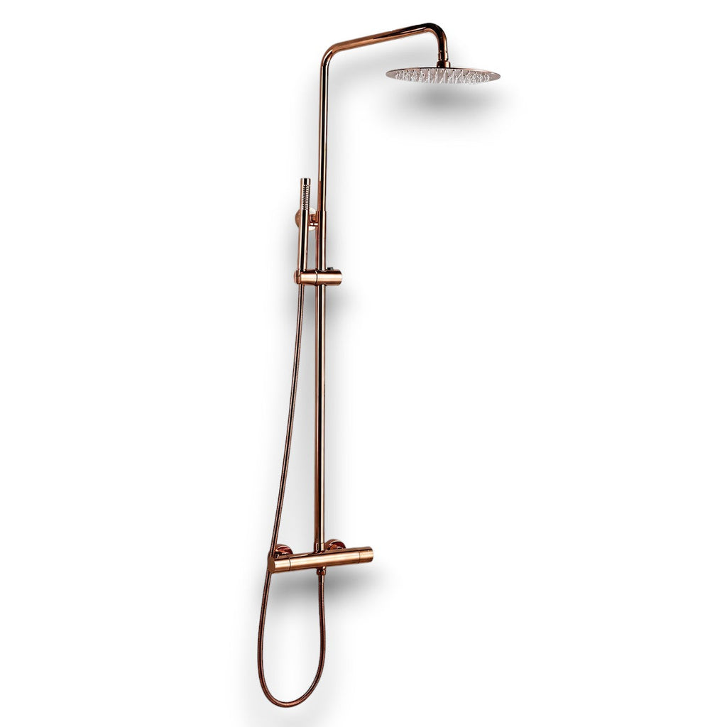 Brushed rose gold thermostatic shower column - side profile view