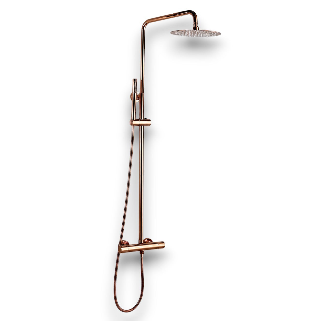 Brushed rose gold thermostatic shower column - side profile view