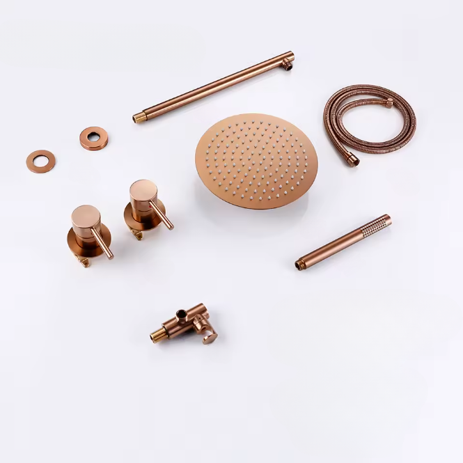 Brushed rose gold concealed shower set with rainfall head - hand shower and hose