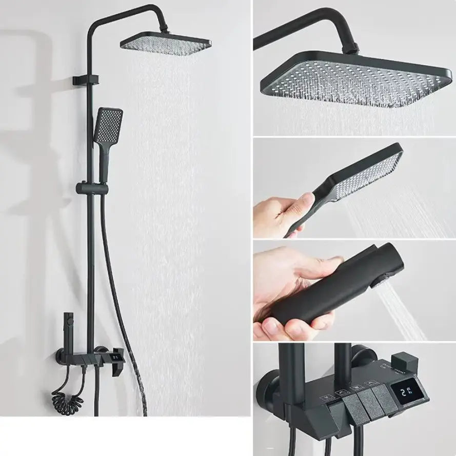 Matt black manual mixer shower column with digital display - rainfall head detail