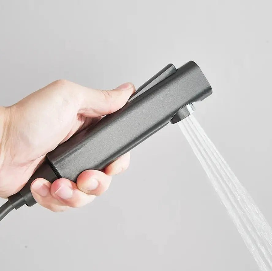 Matt black manual mixer shower column with digital display - fitted in a modern bathroom