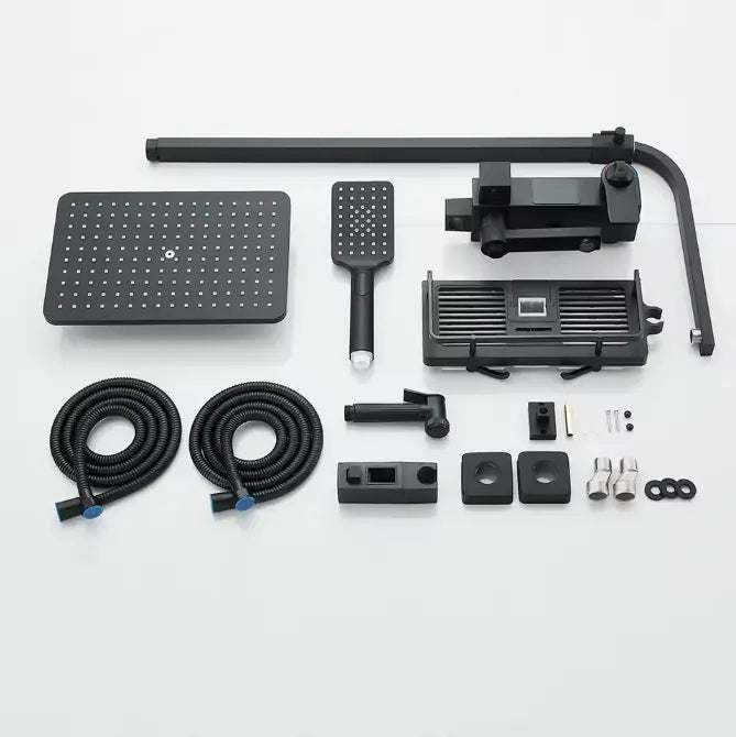 Matt black thermostatic shower column with digital display - finish and surface detail