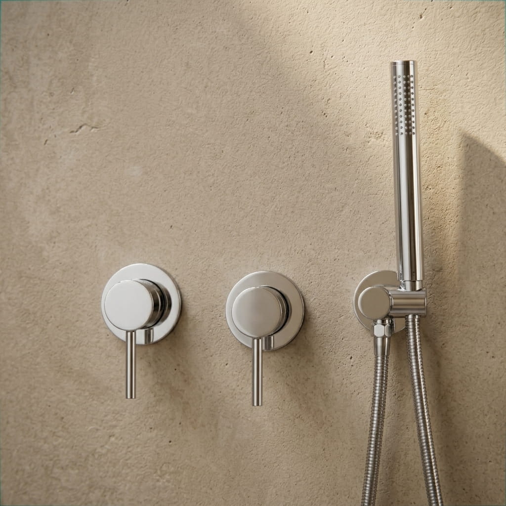 Polished chrome concealed shower set with rainfall head - mixer and controls close-up