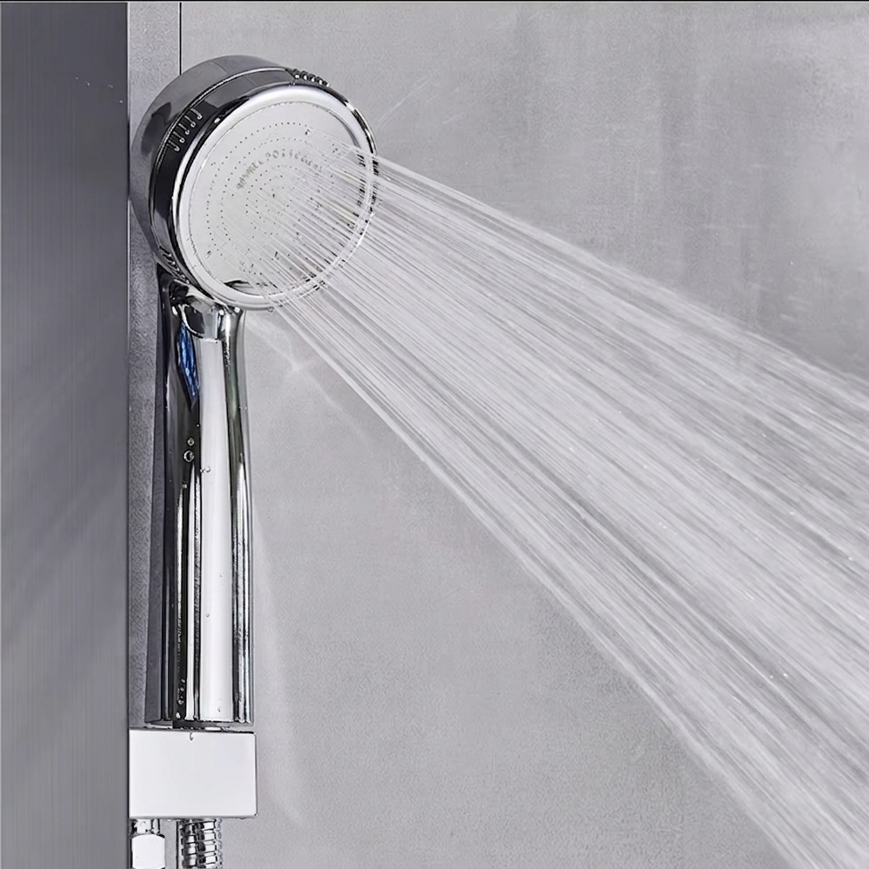Matt black massage shower panel with LED lighting - hand shower and hose