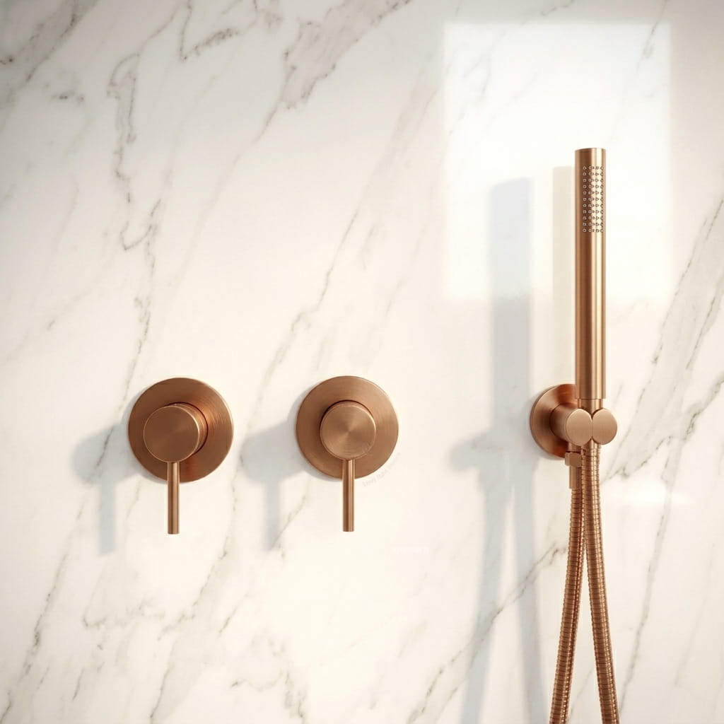 Brushed rose gold concealed shower set with rainfall head - mixer and controls close-up