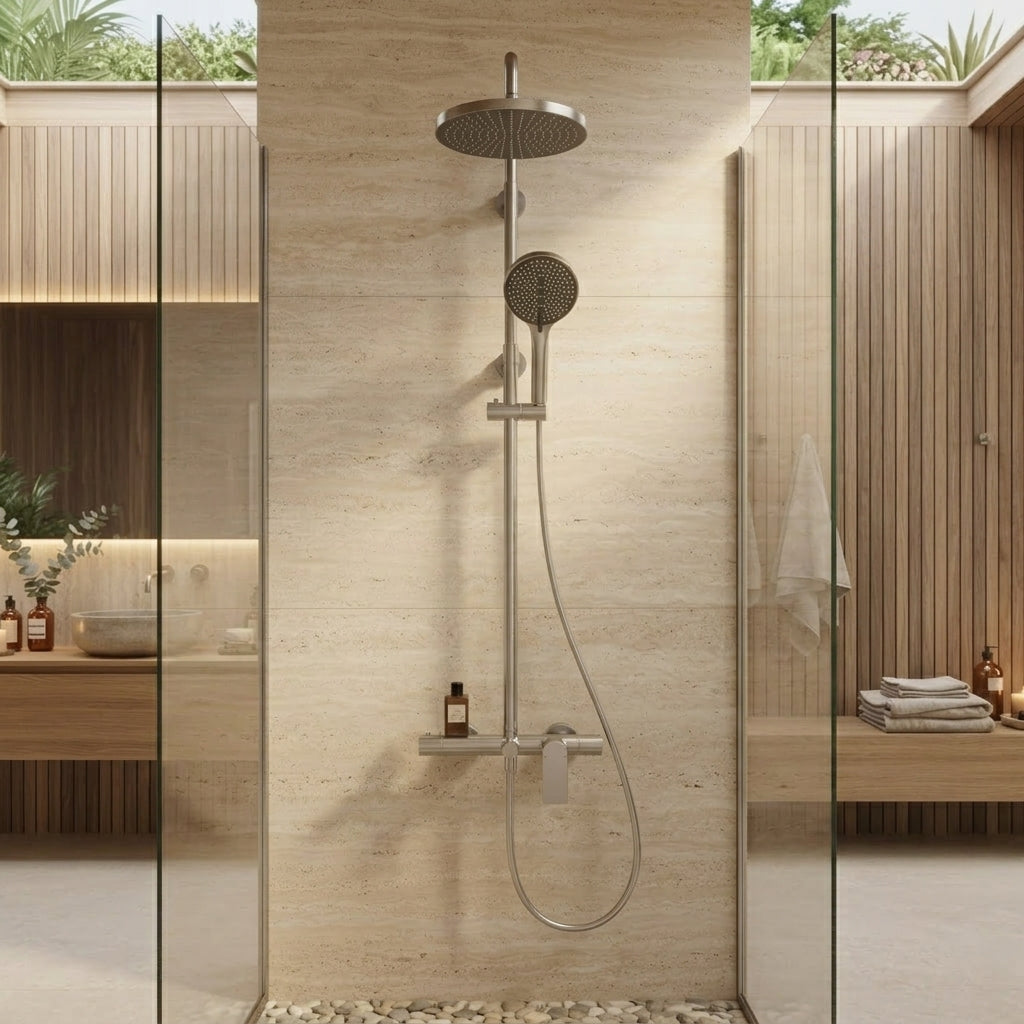 Polished chrome thermostatic shower column with shelf - rainfall head detail