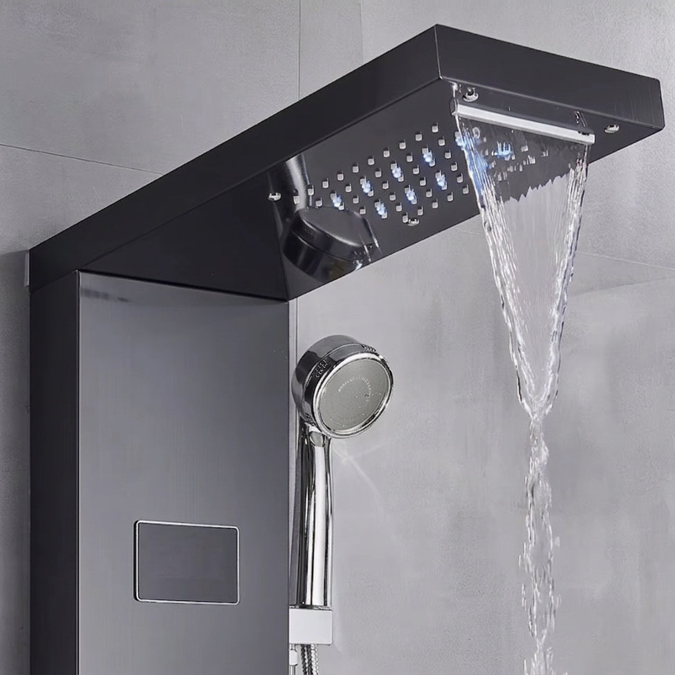 Matt black massage shower panel with LED lighting - mixer and controls close-up