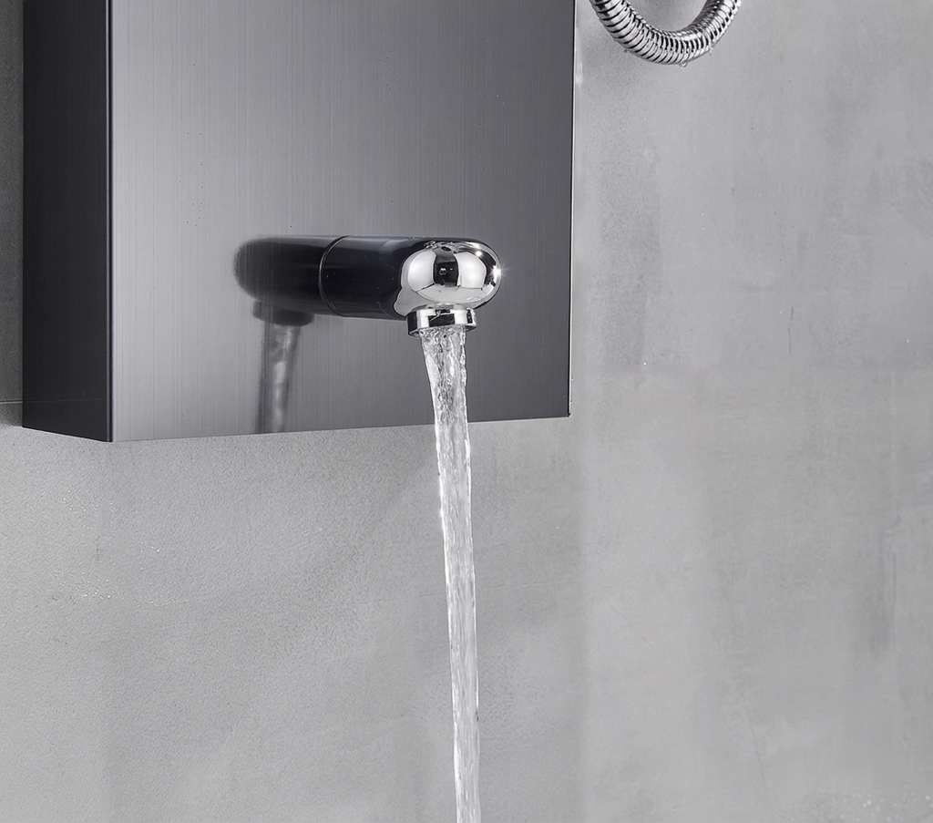 Matt black massage shower panel with LED lighting - fitted in a modern bathroom