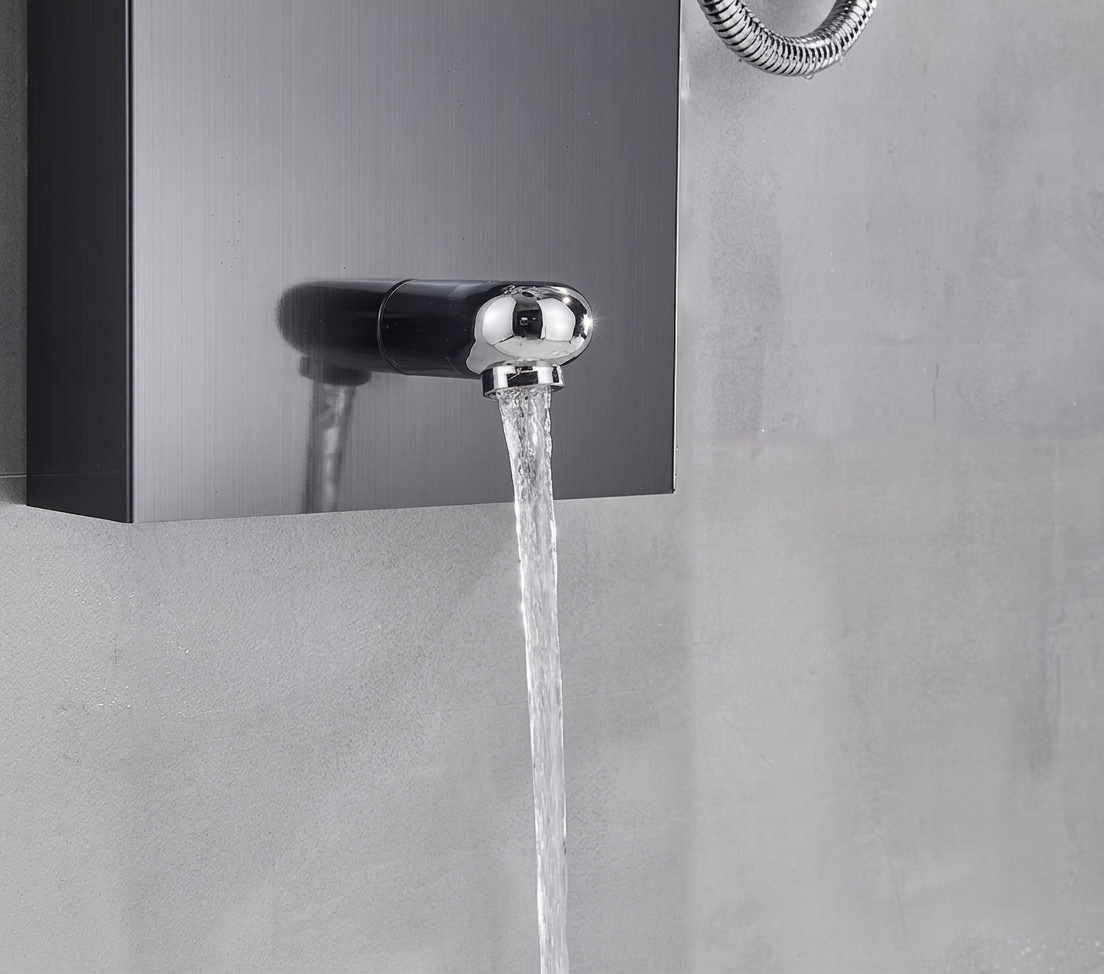 Matt black massage shower panel with LED lighting - fitted in a modern bathroom