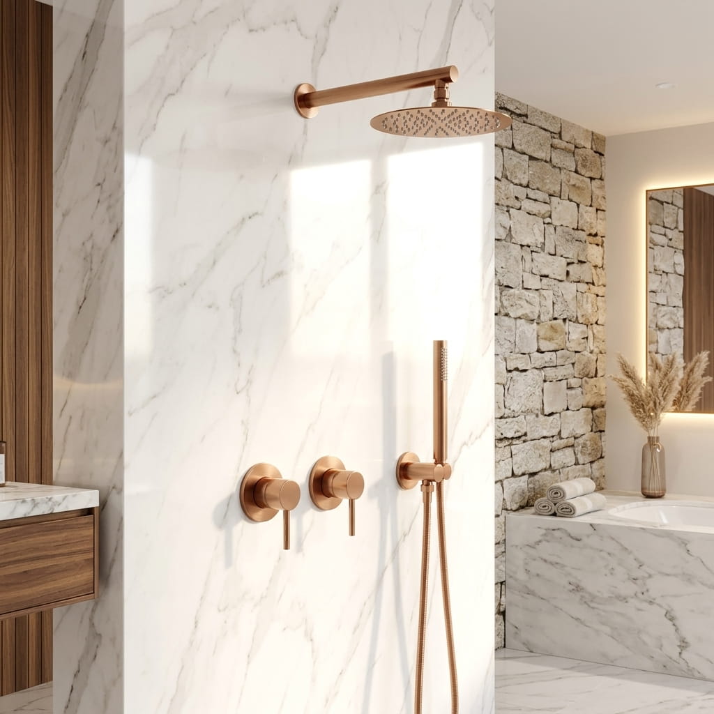 Brushed rose gold concealed shower set with rainfall head