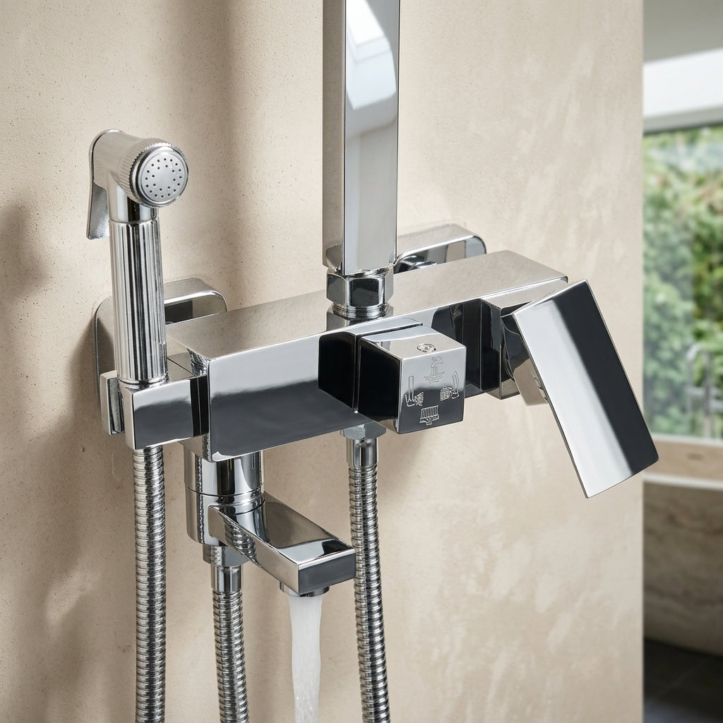 Polished chrome shower column with rain head and bath mixer - dimensions and measurements