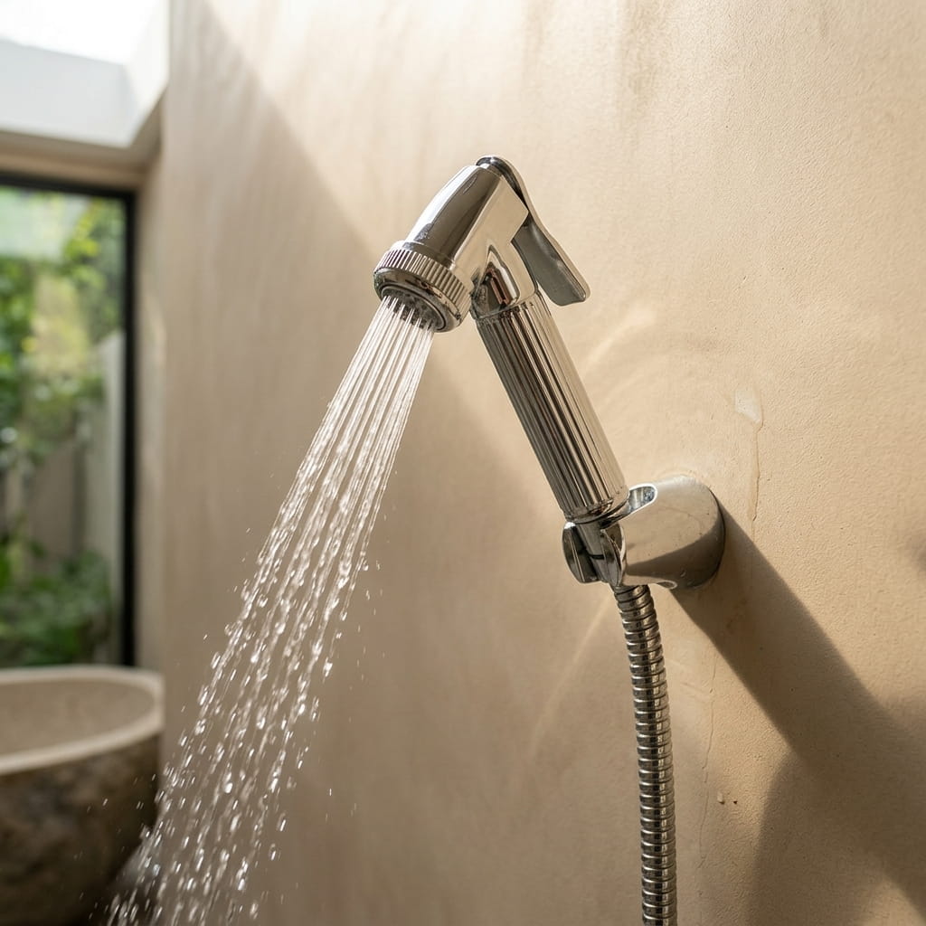 Polished chrome shower column with rain head and bath mixer - finish and surface detail