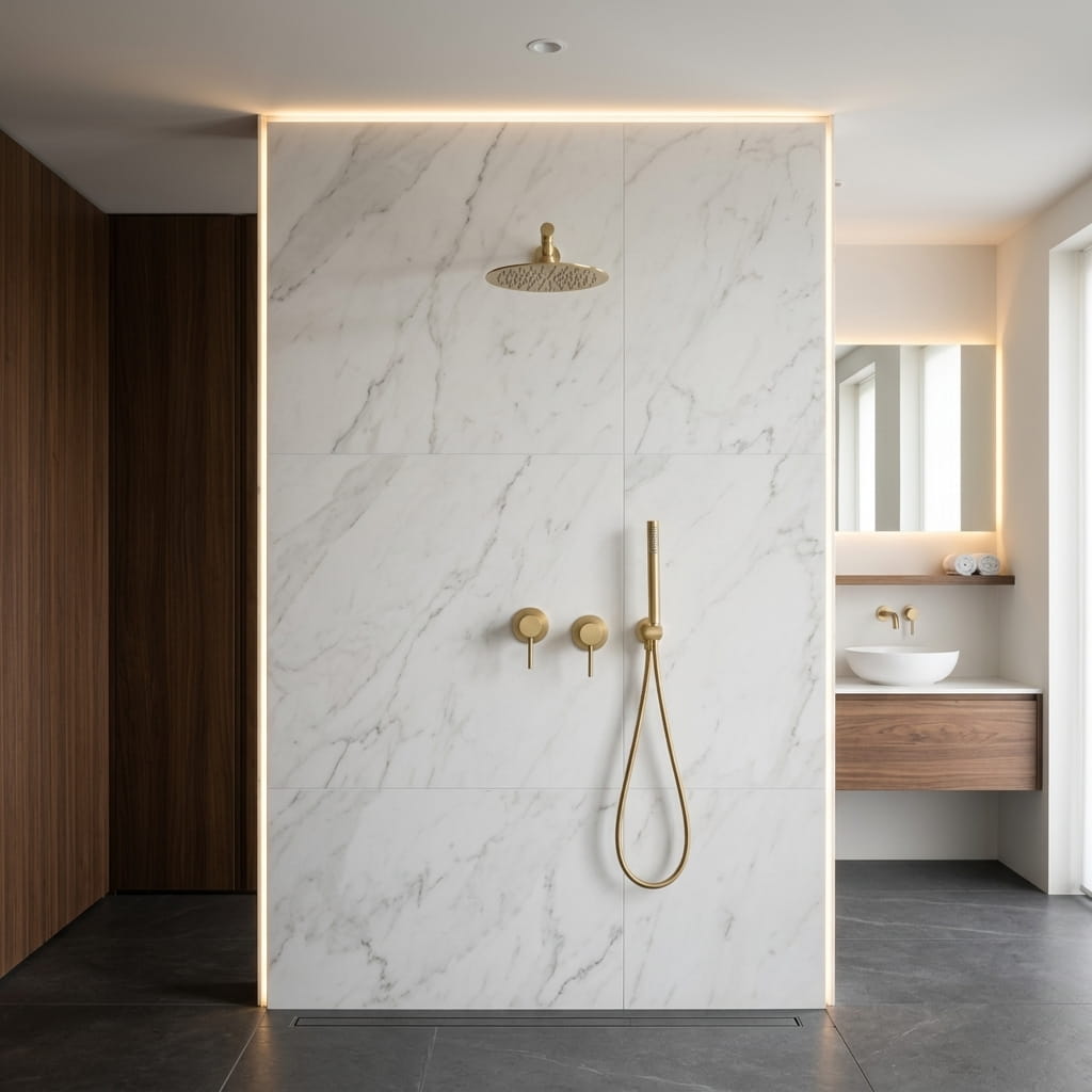 Brushed gold concealed shower set with rainfall head - rainfall head detail