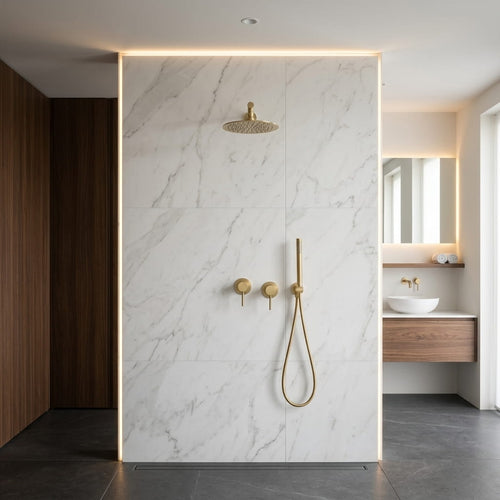 Brushed gold concealed shower set with rainfall head - rainfall head detail