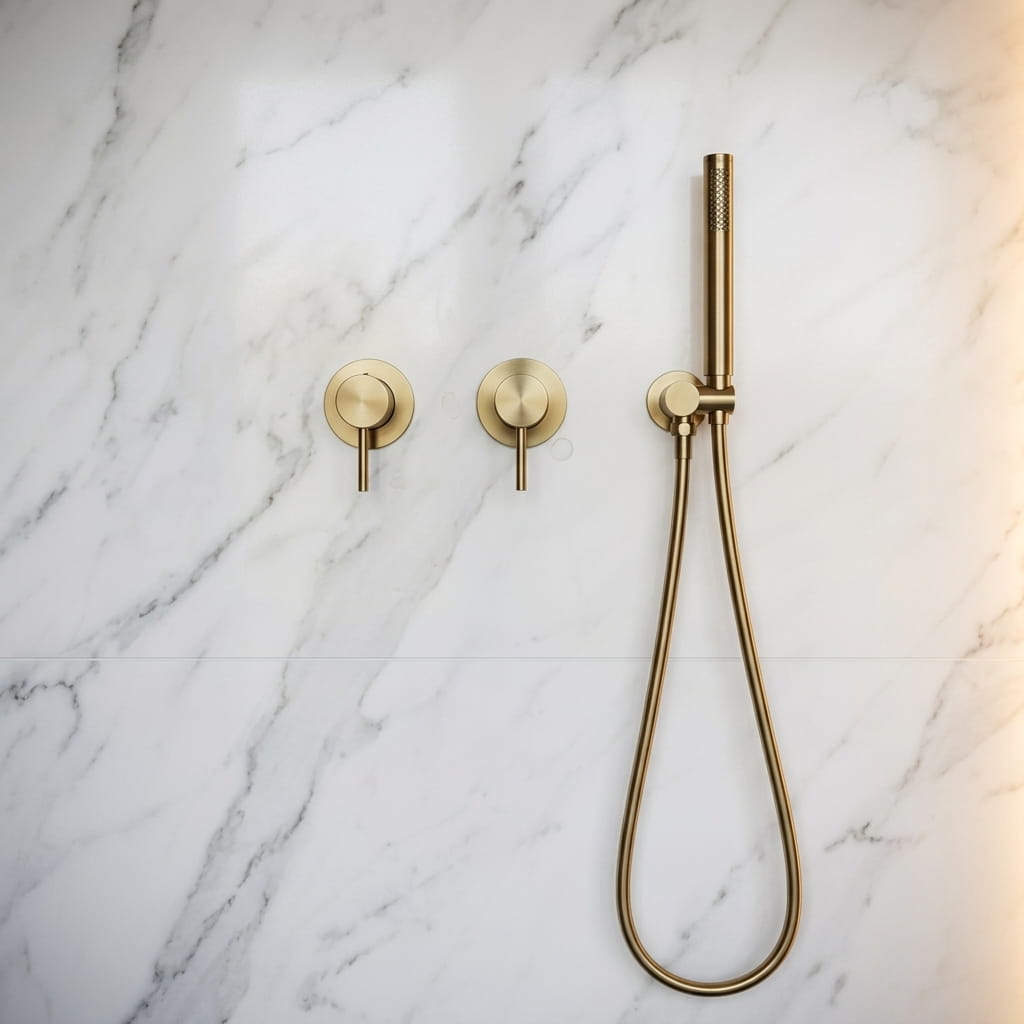 Brushed gold concealed shower set with rainfall head - hand shower and hose