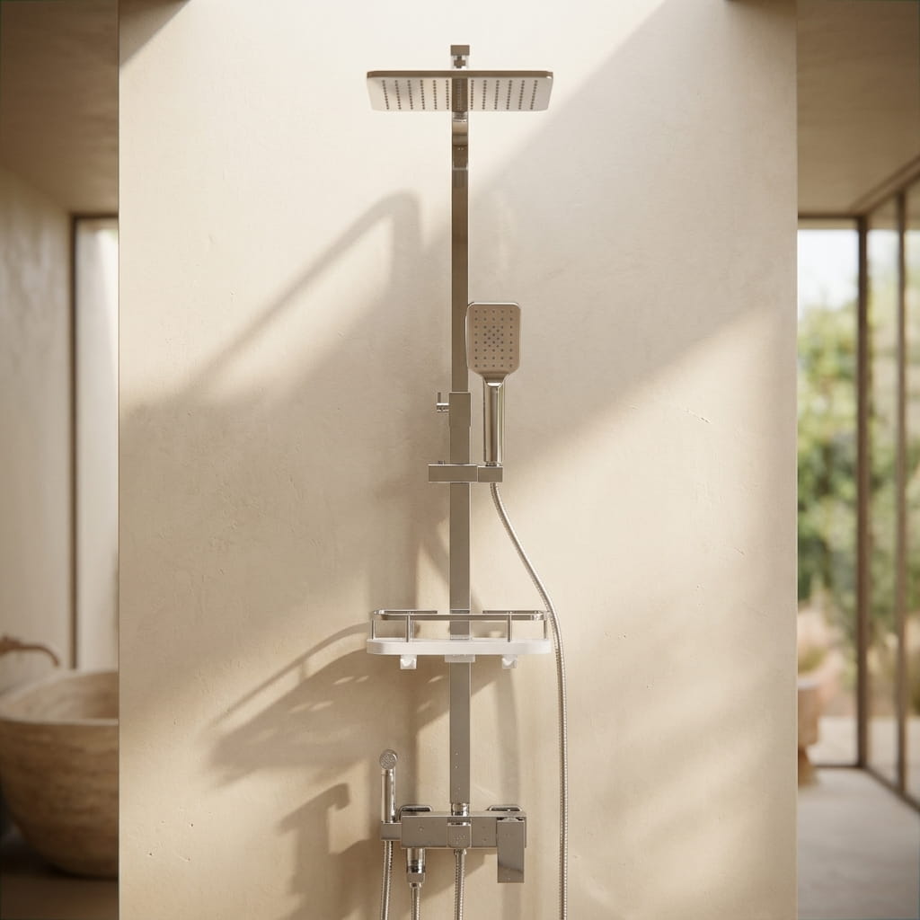 Polished chrome shower column with rain head and bath mixer - rainfall head detail