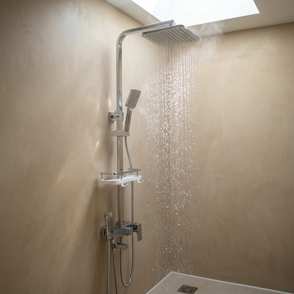 Polished chrome shower column with rain head and bath mixer - mixer and controls close-up