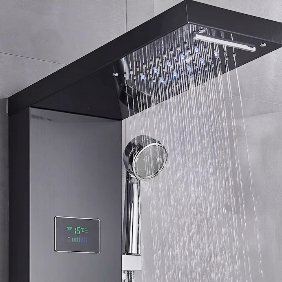 Matt black massage shower panel with LED lighting - rainfall head detail