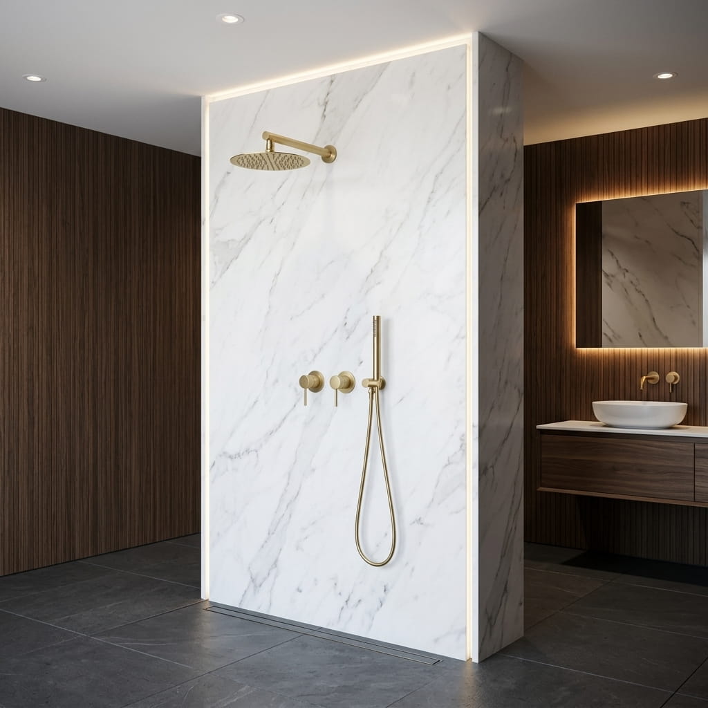 Brushed gold concealed shower set with rainfall head - mixer and controls close-up