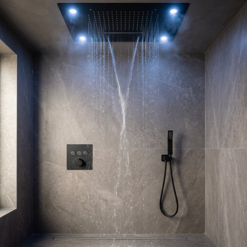 Matt black concealed ceiling shower system with LED - rainfall head detail