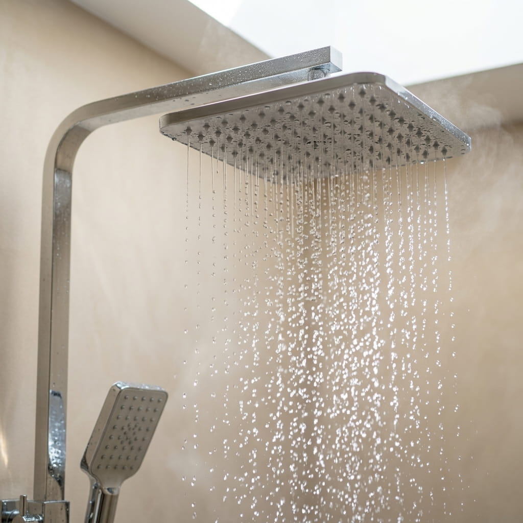 Polished chrome shower column with rain head and bath mixer - hand shower and hose