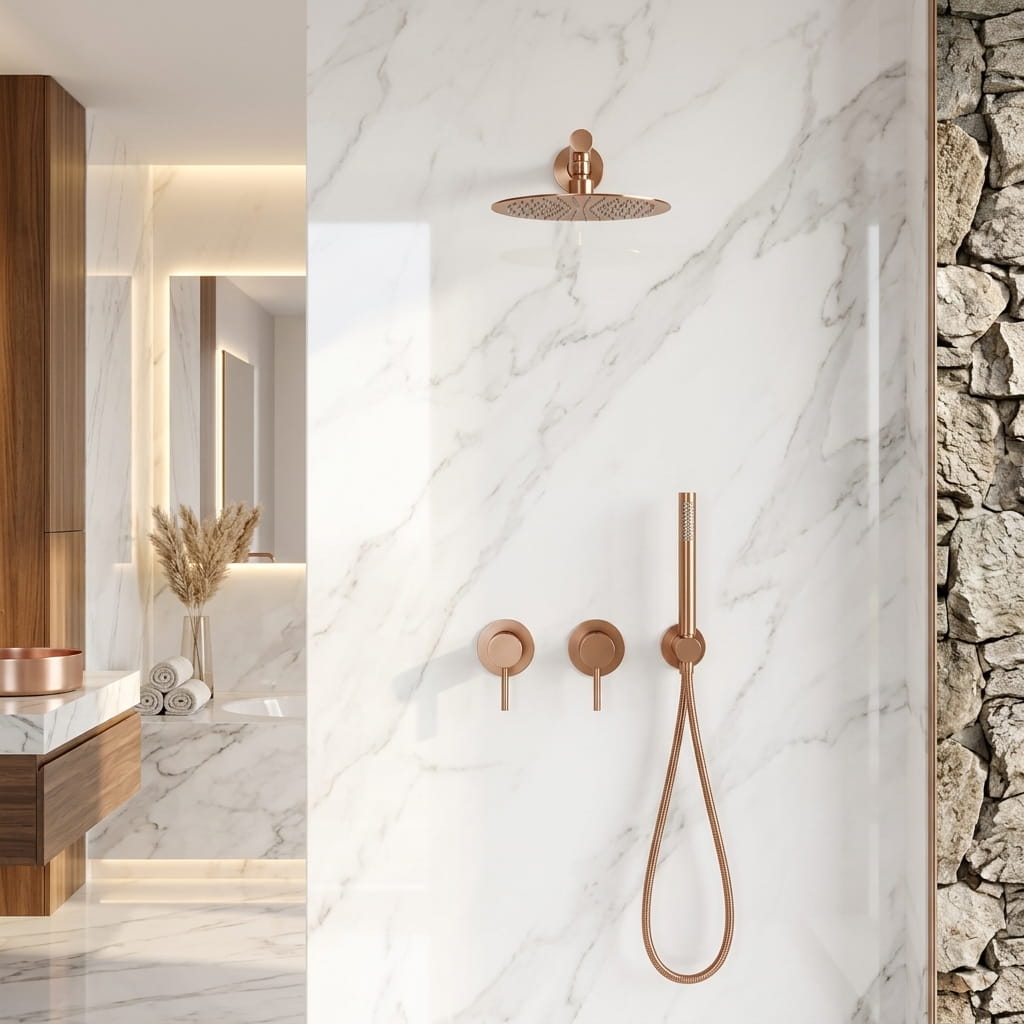 Brushed rose gold concealed shower set with rainfall head - rainfall head detail