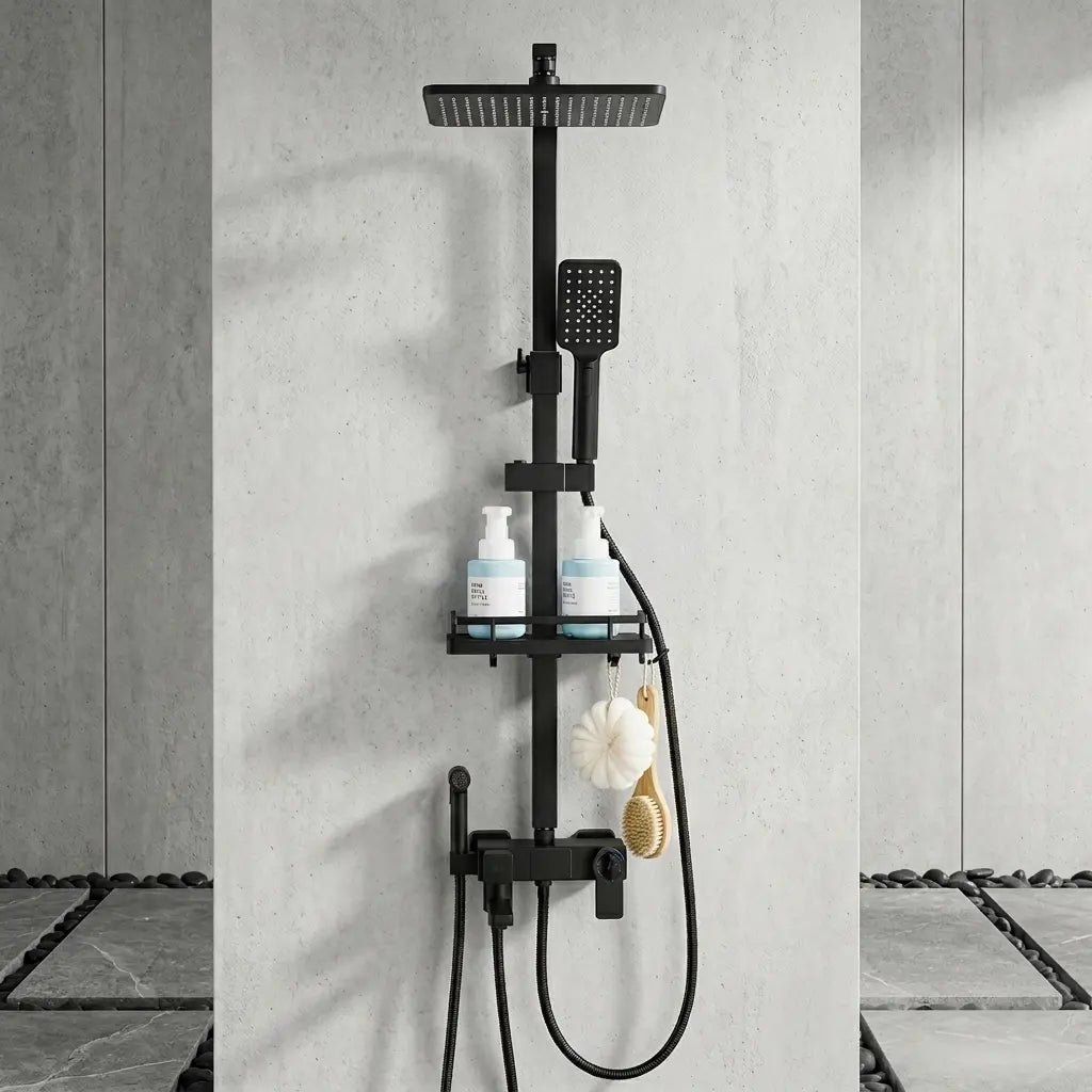 Matt black thermostatic shower column with digital display - rainfall head detail
