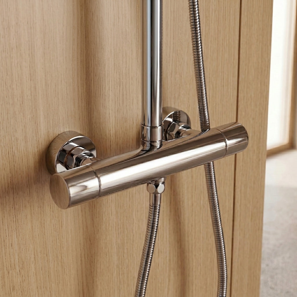 Polished chrome thermostatic shower column - rainfall head detail