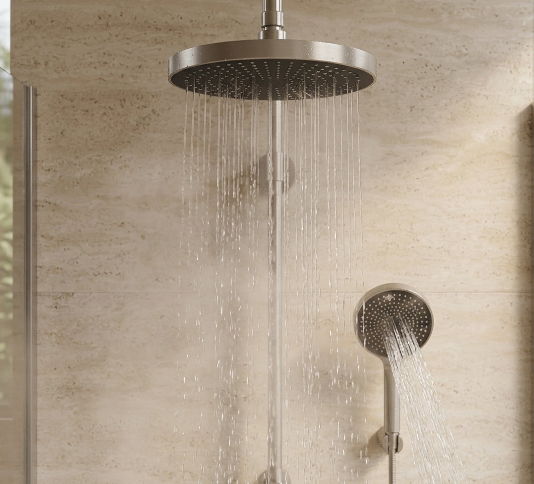 Polished chrome thermostatic shower column with shelf - mixer and controls close-up