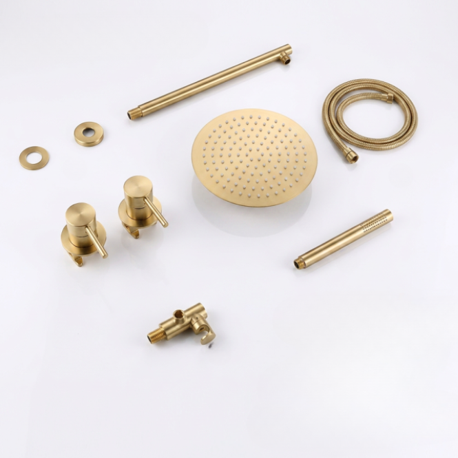 Brushed gold concealed shower set with rainfall head - fitted in a modern bathroom