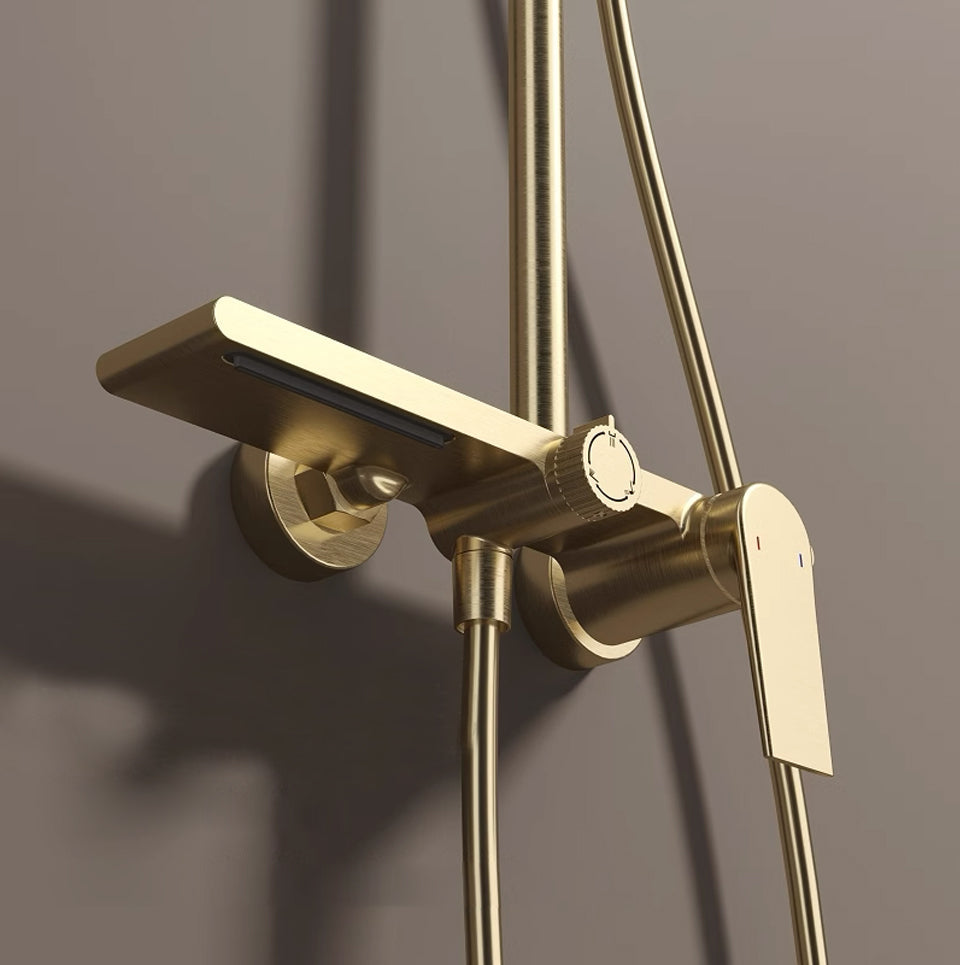 Brushed gold thermostatic shower column with shelf - hand shower and hose