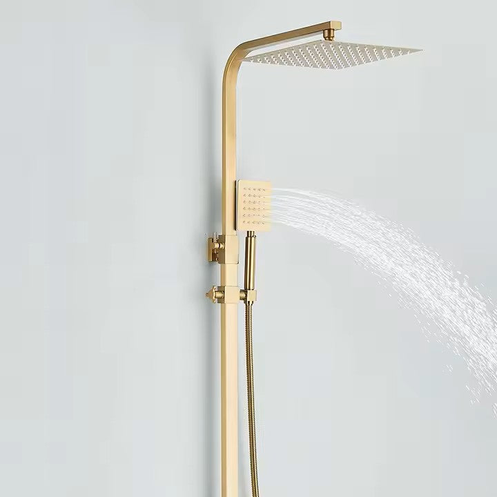 Brushed gold shower column with rain head and bath mixer - mixer and controls close-up