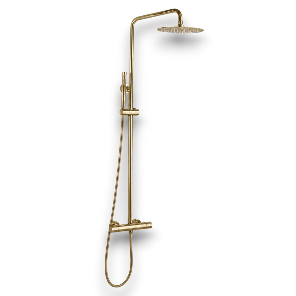 Brushed gold thermostatic shower column - spray pattern in use