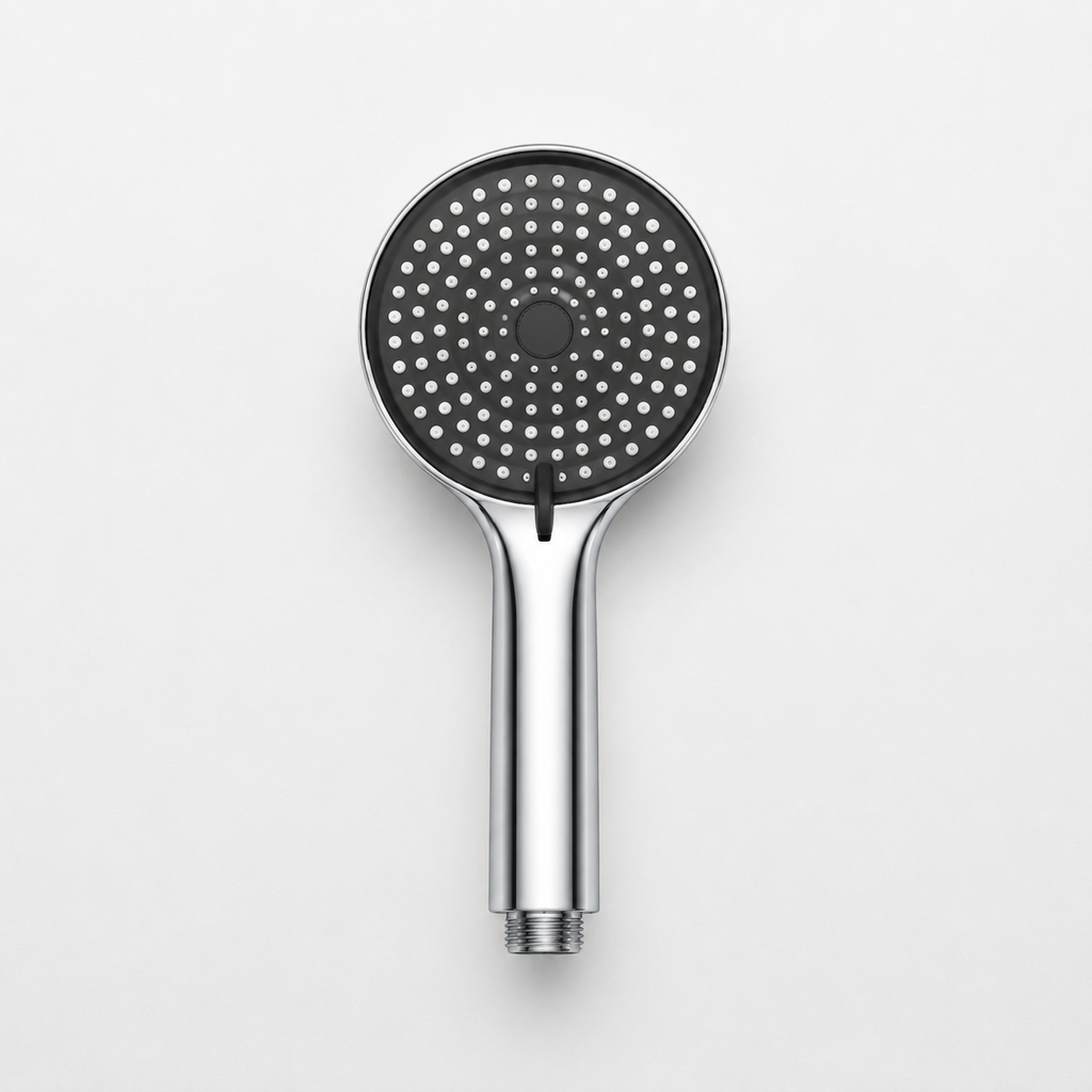 Polished chrome thermostatic shower column with shelf - side profile view