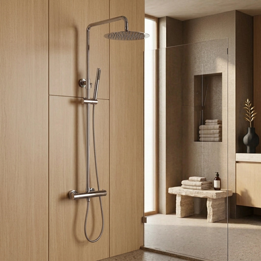 Polished chrome thermostatic shower column
