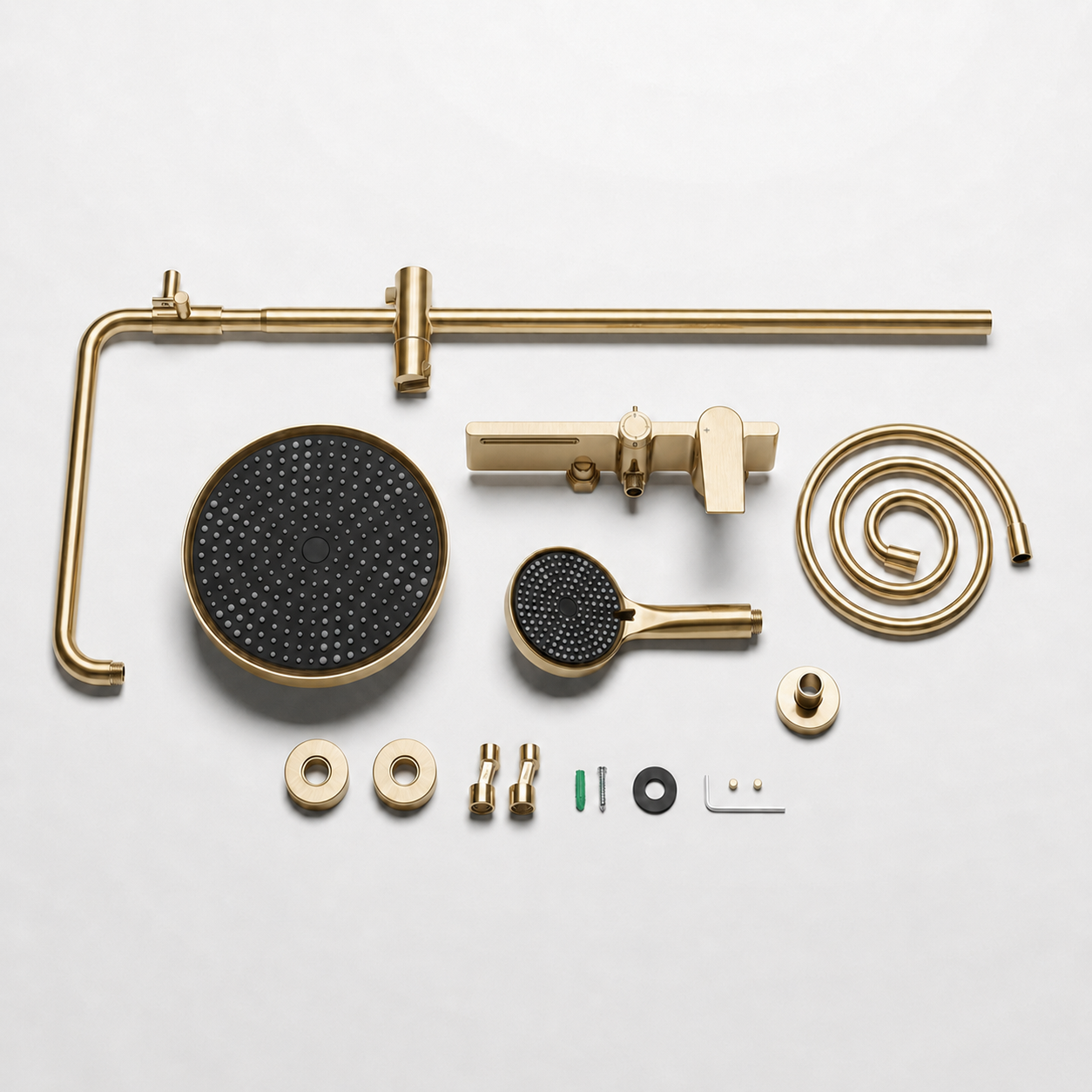 Brushed gold thermostatic shower column with shelf - finish and surface detail