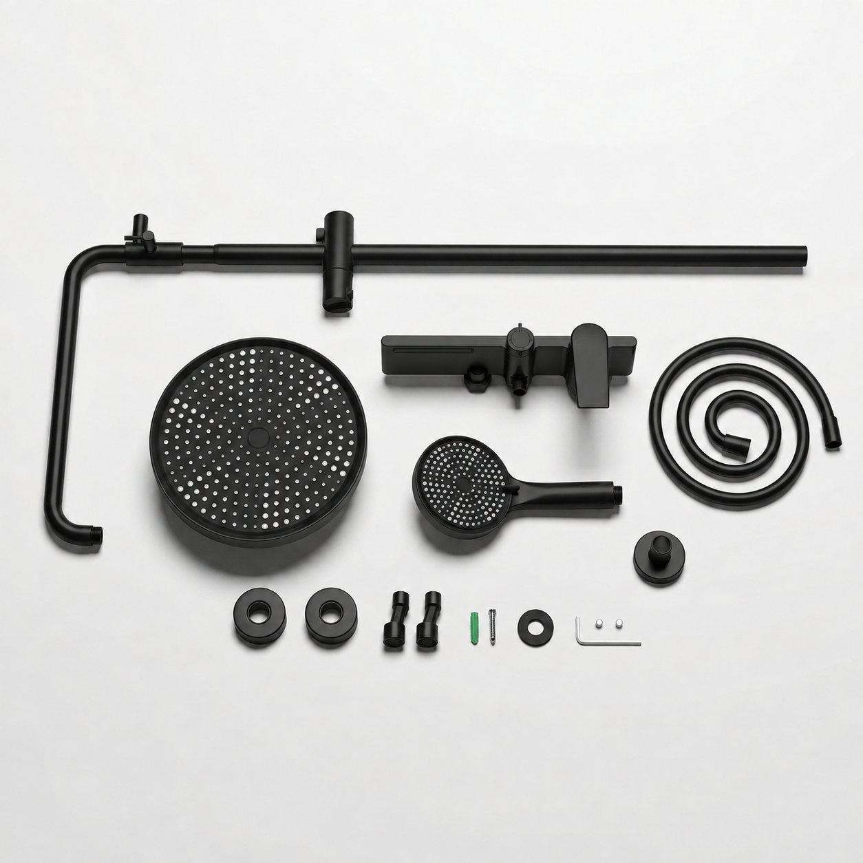 Matt black thermostatic shower column with shelf - hand shower and hose