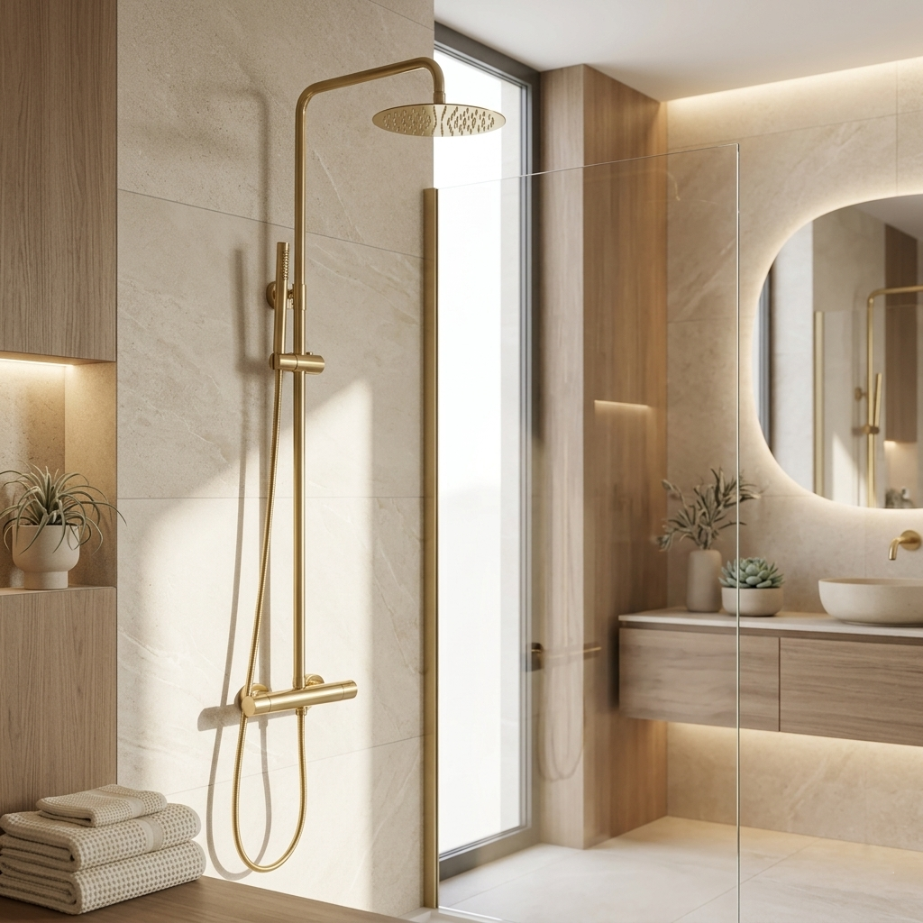 Brushed gold thermostatic shower column