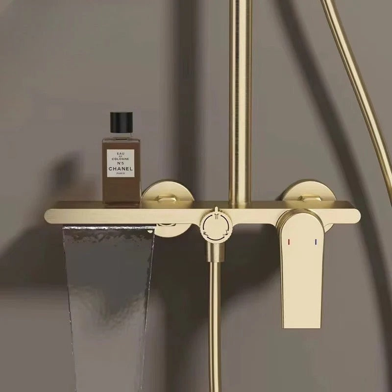 Brushed gold thermostatic shower column with shelf - fitted in a modern bathroom