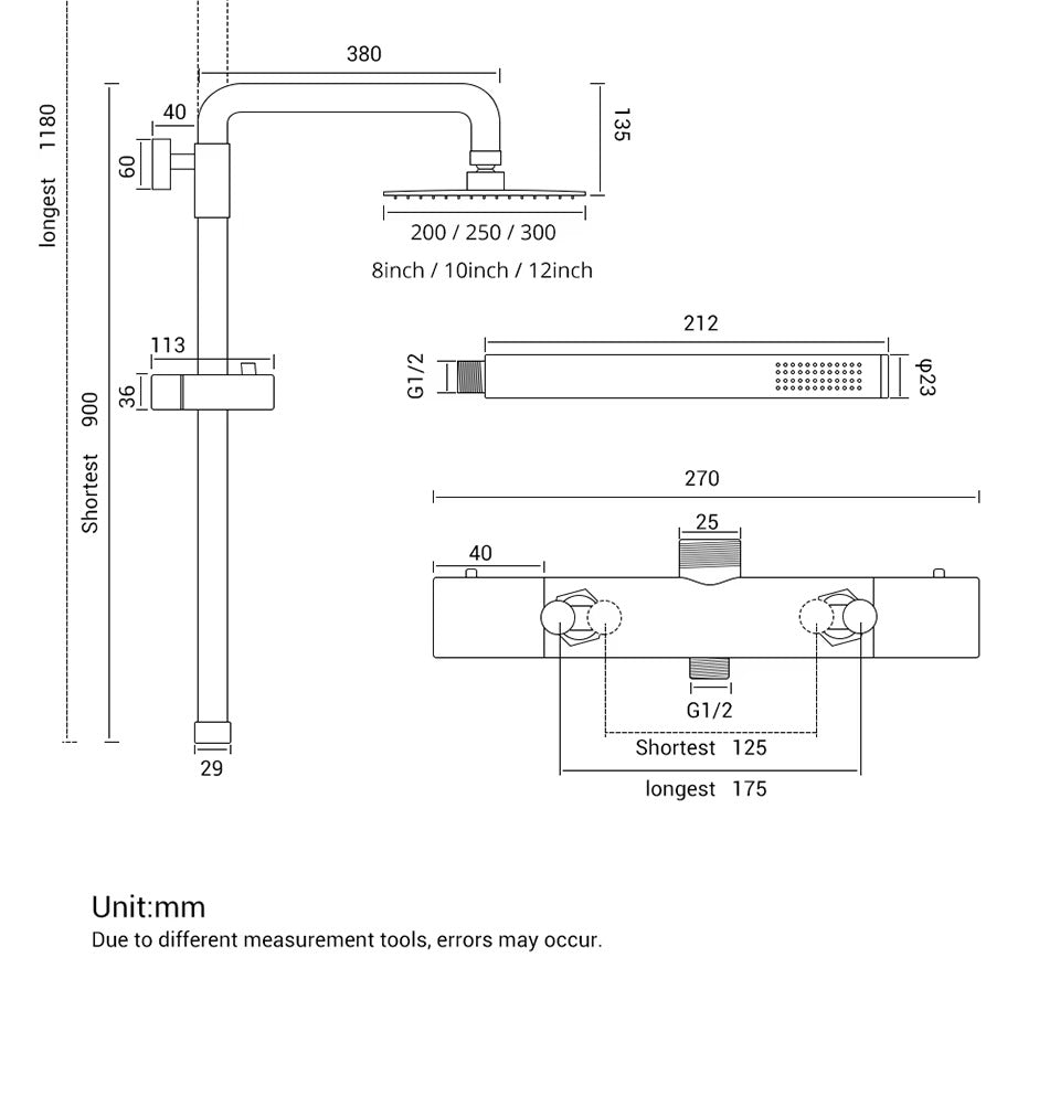 Brushed gold thermostatic shower column - full-length product view