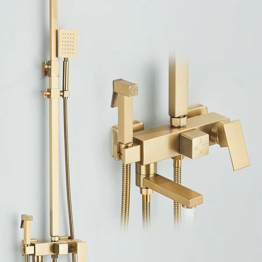 Brushed gold shower column with rain head and bath mixer - hand shower and hose