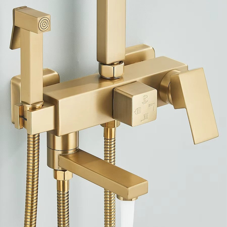 Brushed gold shower column with rain head and bath mixer - rainfall head detail