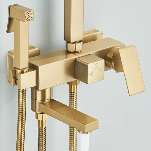 Brushed gold shower column with rain head and bath mixer - rainfall head detail