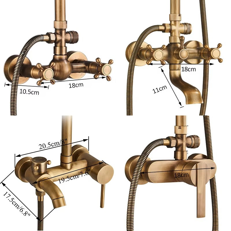 Antique brass shower column with fixed head and shelf - finish and surface detail